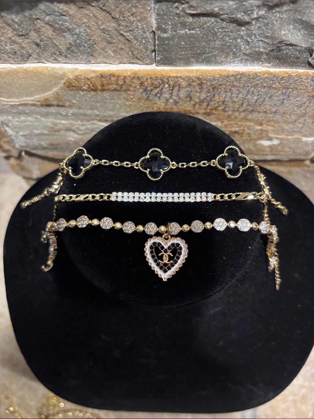 Gold and Black Layered Bracelet Set with CC Heart Charm